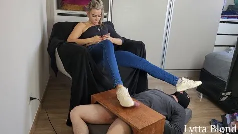 Goddess Lytta Blond BB and Cum Lick - Lytta Blond - Hard Ballbusting and Cuckold Cum Lick - Sexy Lytta Kicks HARD bitch balls - Make him lick her used condoms and milk him and make him lick his own cum - Princess Scarlet Blond